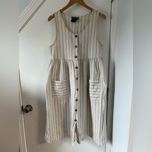 Striped Button-Front Linen Blend Midi Dress